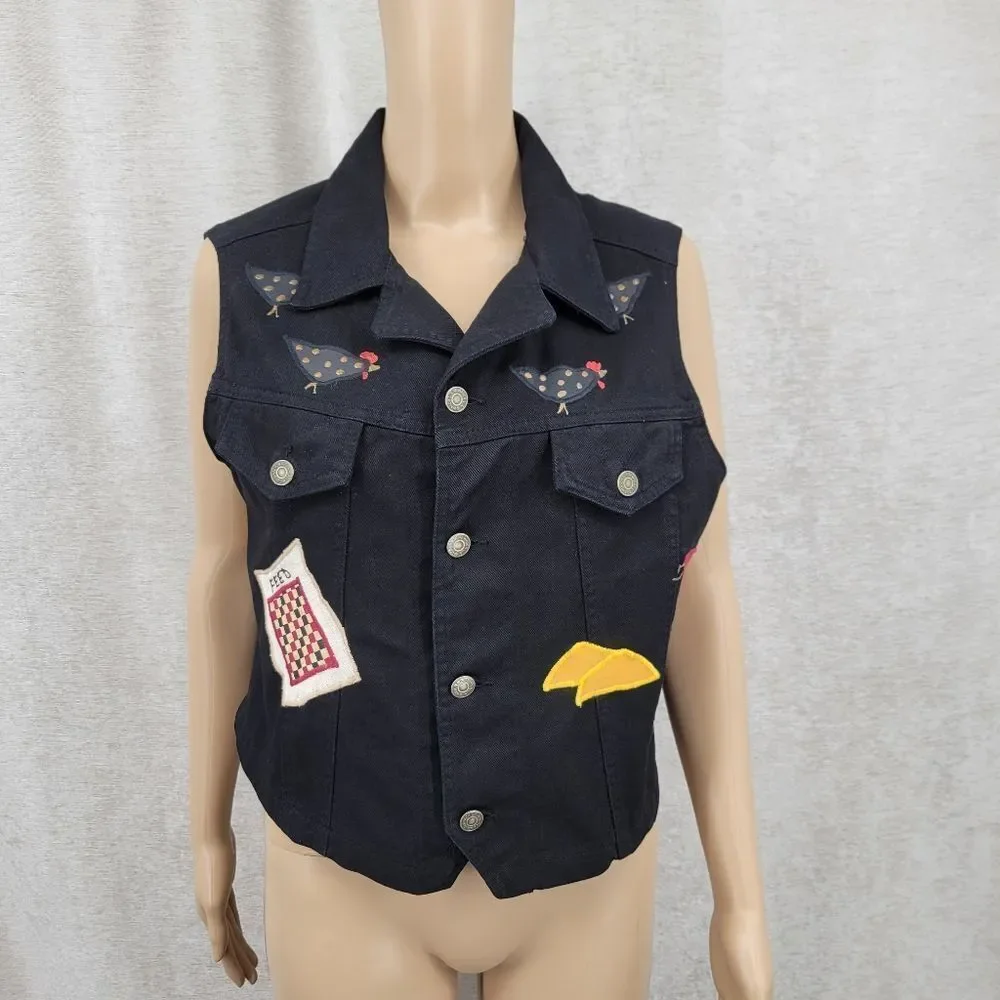 Vintage 80s Black Denim Vest with Embroidered Patches Chickens Farmcore - Picture 3 of 16